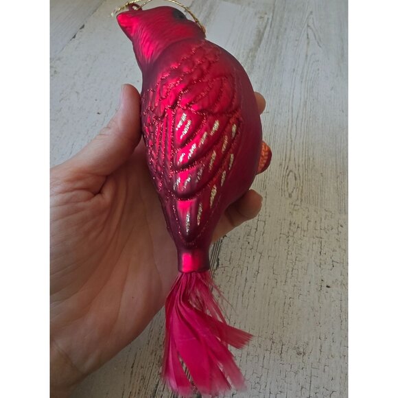 Glass red glitter cardinal feather ornament Xmas tree - Picture 6 of 9